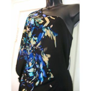 Bisou Bisou Off shoulder BlackTeal/Tan, Floral  Dress with lining, Size 6.
